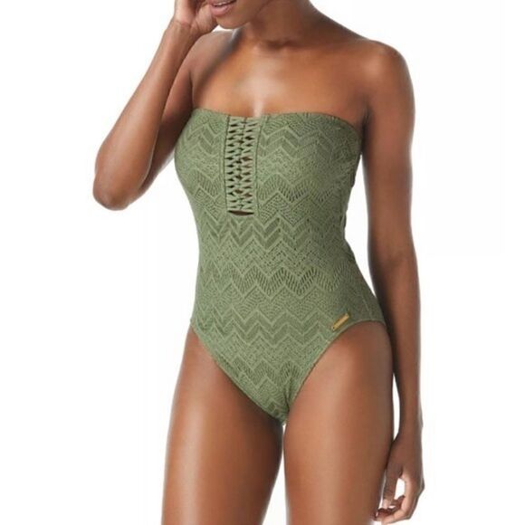 VINCE CAMUTO Crochet Bandeau One-Piece Swimsuit safari green New 8 - Picture 2 of 16